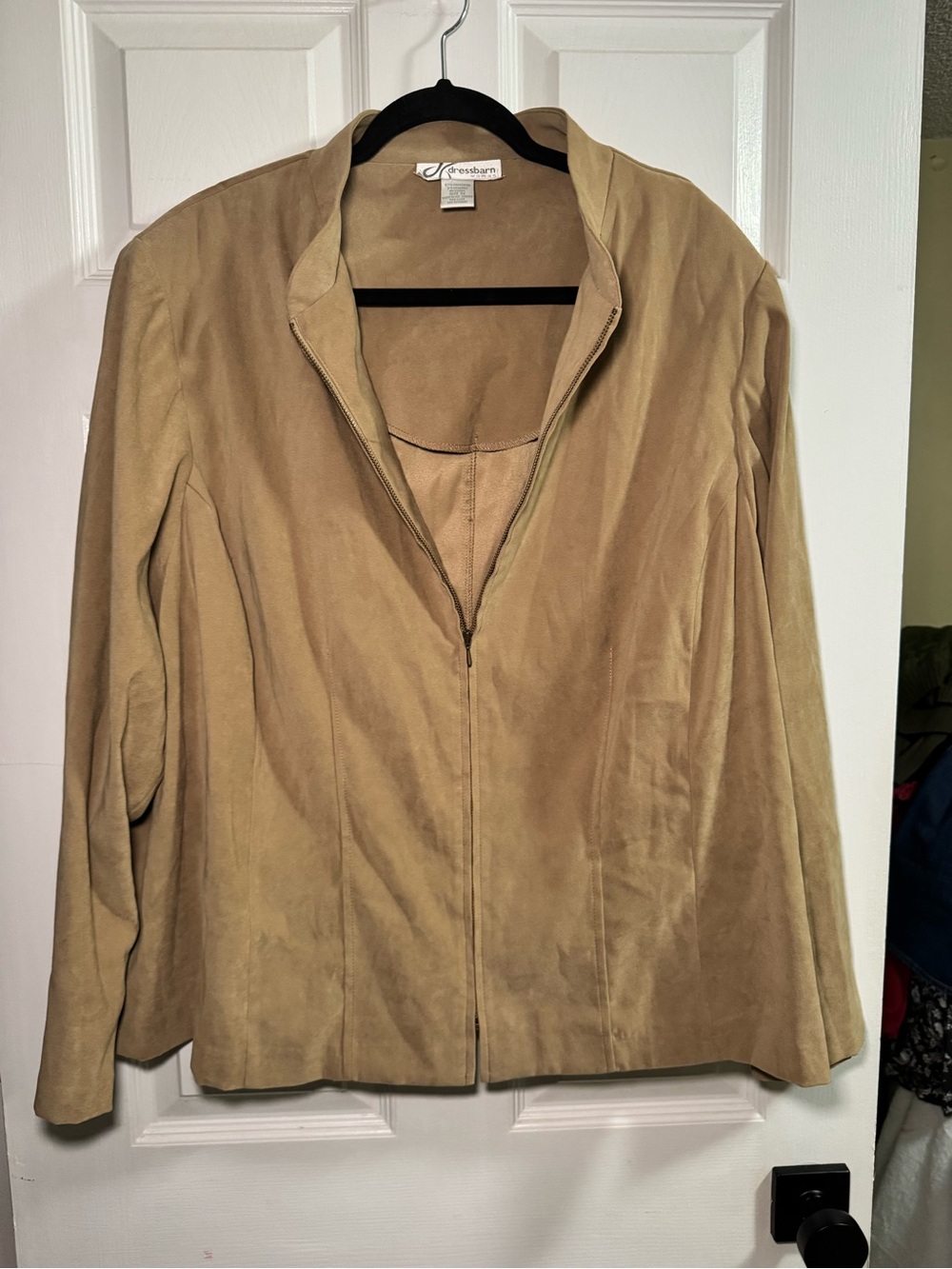 Vintage Y2K Dressbarn Woman 3X Tan Faux Suede Jacket Zip Front Stretch